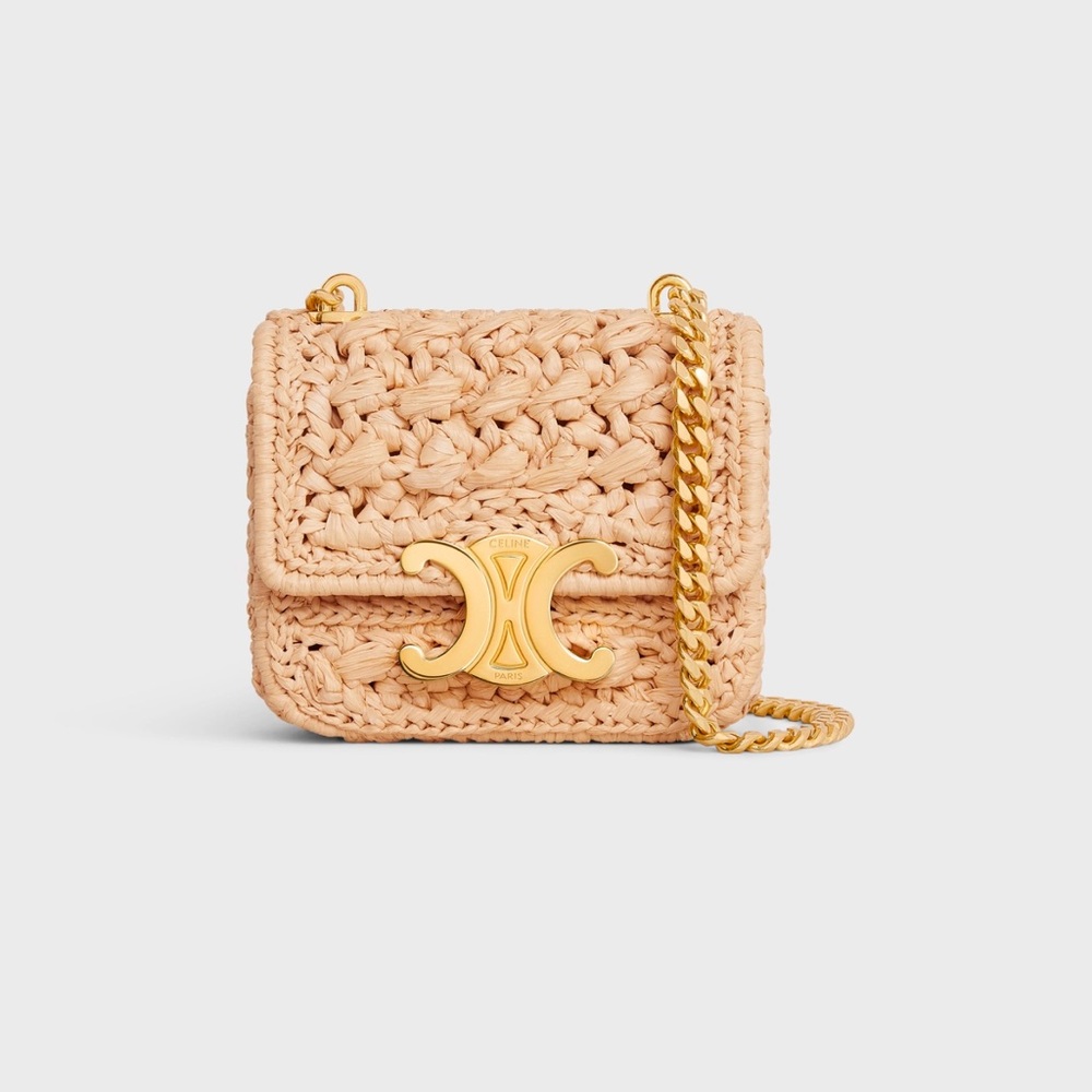 Celine Mini Raffia Shoulder Bag in Light Beige with Gold Hardware